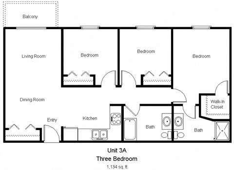 Floor plan for 3 beds, 2 baths, 1160 sqft